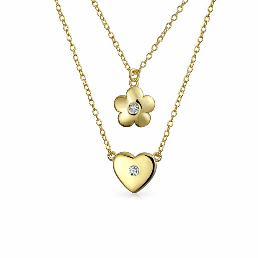 Shop Women Bling Jewelry Jewelry Sets | Heart Flower Pendant Necklace Cz Gold Plated Sterling Silver 16-1