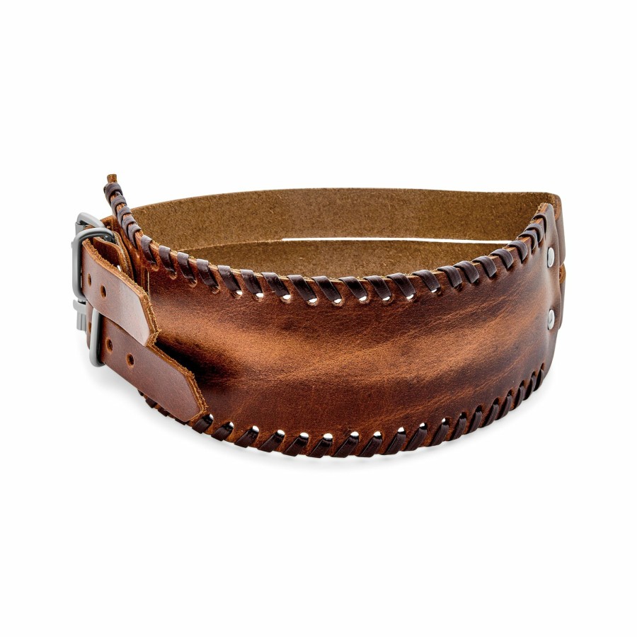 Shop Women Bling Jewelry Cuff Bangle Bracelets | Brown Leather Whip Stitch Wide Two Strap Cuff Bracelet Bikers Rocker