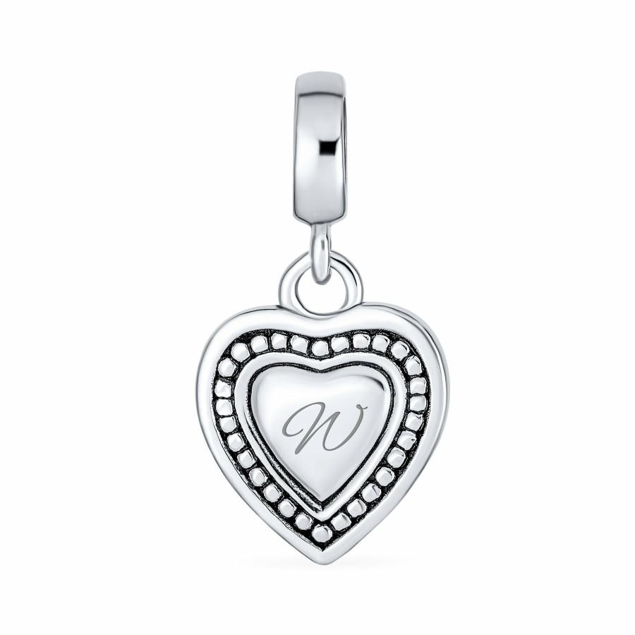 Shop Women Bling Jewelry Engravable Charms | Vintage Dangle Script Initial Heart Charm Bead .925Sterling Silver