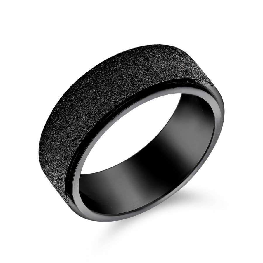 Shop Men Bling Jewelry Mens Engravable Rings | Beveled Sand Blast Wedding Band Titanium Spinner Ring 8Mm Wide Black