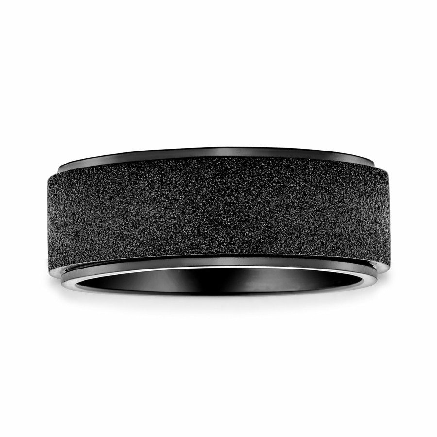 Shop Men Bling Jewelry Mens Engravable Rings | Beveled Sand Blast Wedding Band Titanium Spinner Ring 8Mm Wide Black