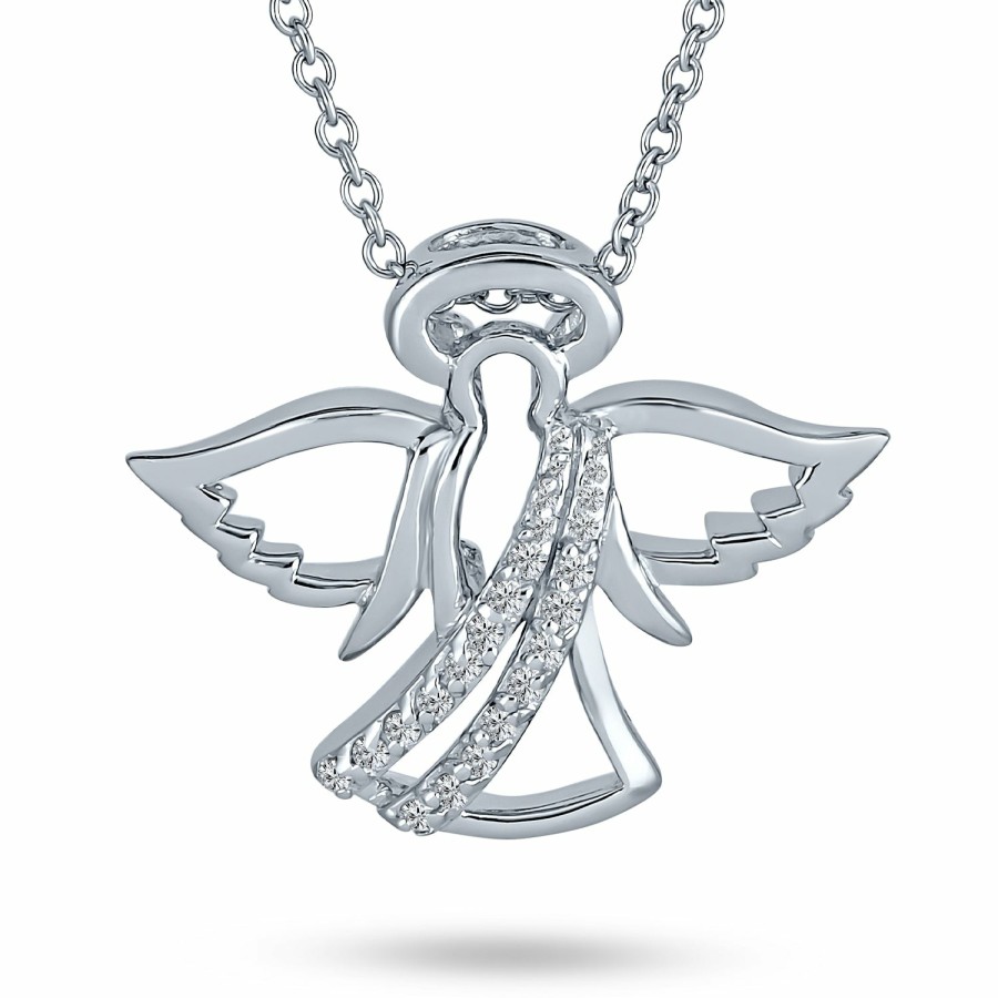 Shop Women Bling Jewelry Delicate Pendant Necklaces | Guardian Angel Protector Pave Cz .925 Sterling Silver Pendant Necklace