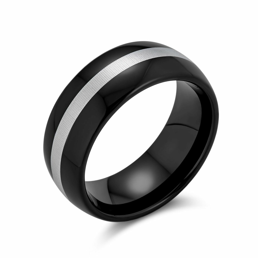 Shop Men Bling Jewelry Mens Engravable Rings | Simple Grey Inset Stripe Couples Wedding Band Titanium Rings 8Mm Black