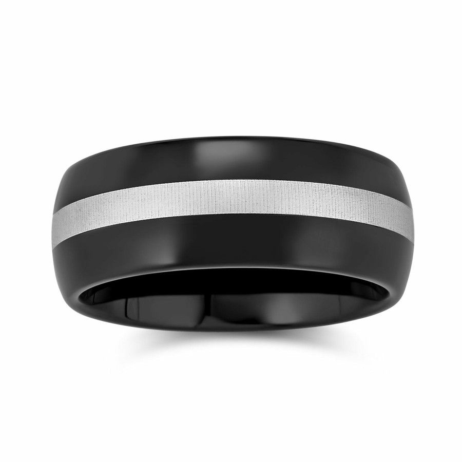 Shop Men Bling Jewelry Mens Engravable Rings | Simple Grey Inset Stripe Couples Wedding Band Titanium Rings 8Mm Black