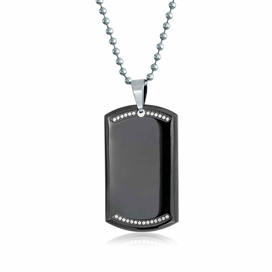 Shop Women Bling Jewelry Pendant Necklaces | Dog Tag Pendant Necklace Edge Silver Tone Stainless Steel Bead Black