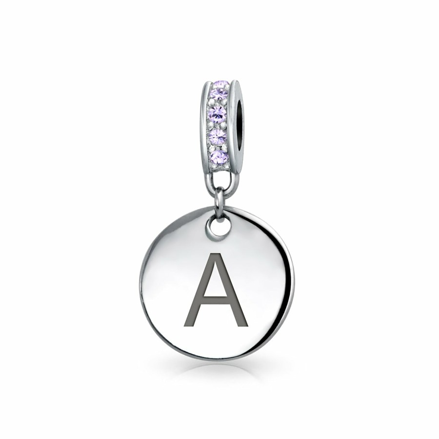 Shop Women Bling Jewelry Engravable Charms | Purple Crystal Alphabet Initials Disc Dangle Circle Charm .925 Silver