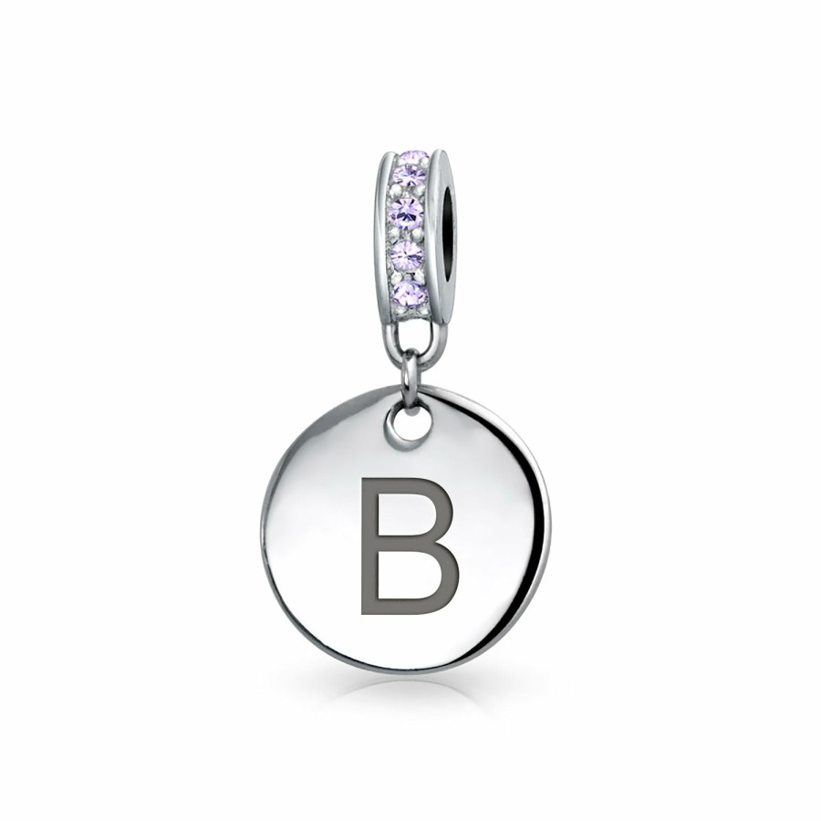 Shop Women Bling Jewelry Engravable Charms | Purple Crystal Alphabet Initials Disc Dangle Circle Charm .925 Silver