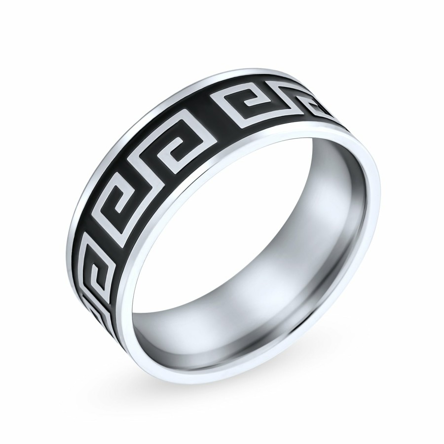 Shop Men Bling Jewelry Mens Engravable Rings | Mens Greek Key Black Flat Wedding Band Ring Black Stainless Steel 8Mm Silver Tone