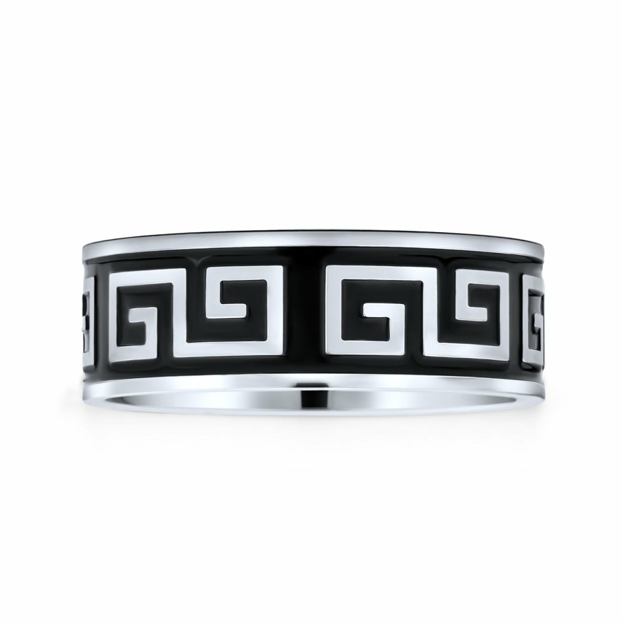 Shop Men Bling Jewelry Mens Engravable Rings | Mens Greek Key Black Flat Wedding Band Ring Black Stainless Steel 8Mm Silver Tone