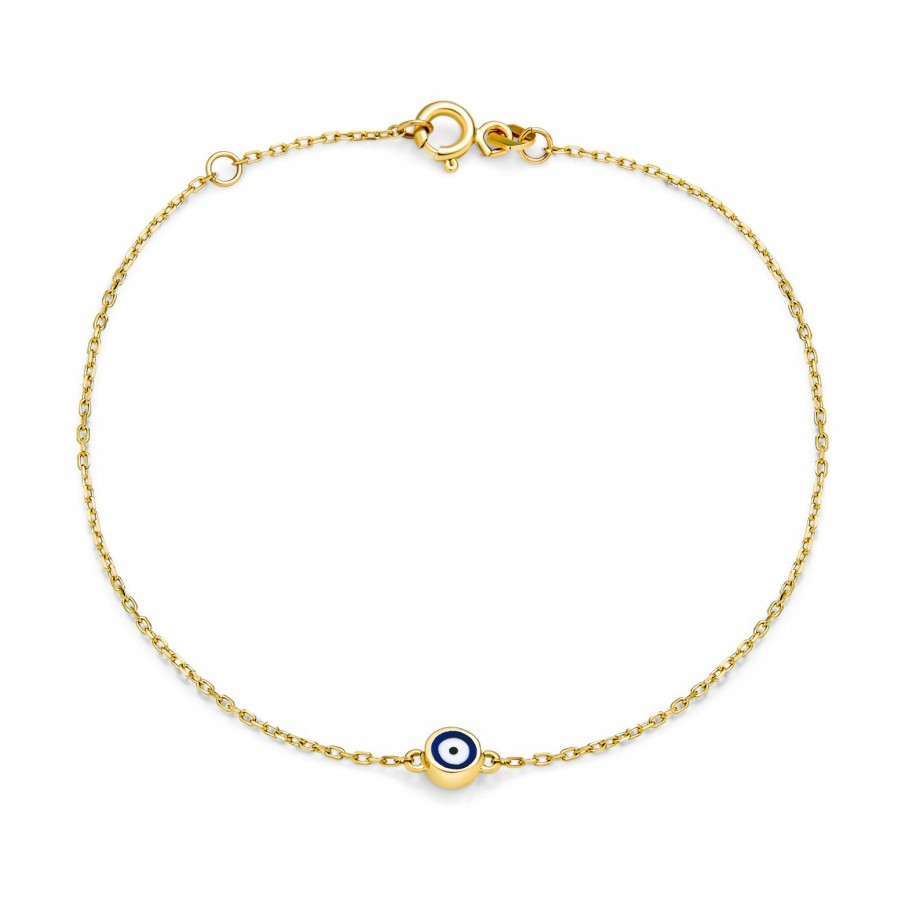 Shop Women Bling Jewelry Delicate Bracelets | Delicate Yellow Real 14K Gold Blue Evil Eye Charm Bracelet 6.5-7"