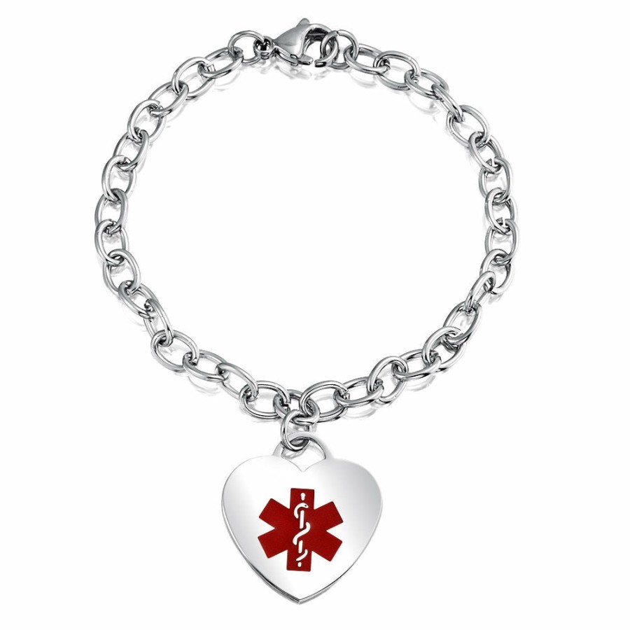 Shop Men Bling Jewelry Mens Bracelets & Id Bracelets | Personalize Medical Alert Id Chain Link Heart Shape Charm Bracelet