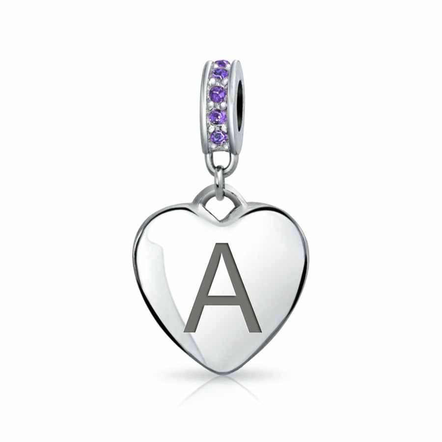 Shop Women Bling Jewelry Engravable Charms | Heart Dangle Bead Charm Crystal Purple February .925 Sterling Silver