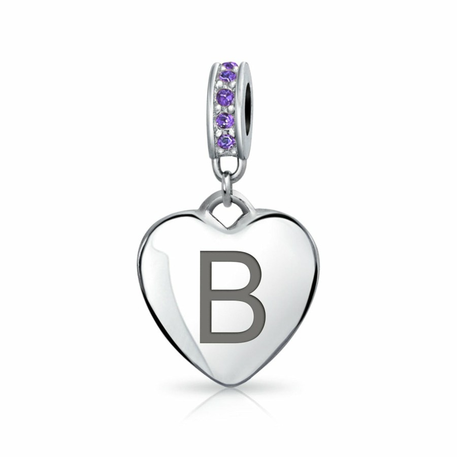 Shop Women Bling Jewelry Engravable Charms | Heart Dangle Bead Charm Crystal Purple February .925 Sterling Silver