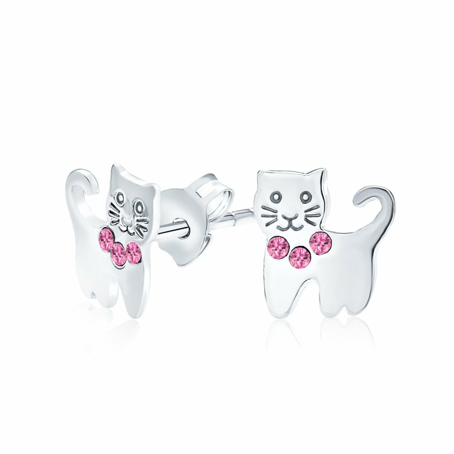 Shop Women Bling Jewelry Dangle Drop Earrings | Small Kitten Animal Pet Cz Accent Dangle Cat Stud Earrings .925 Silver