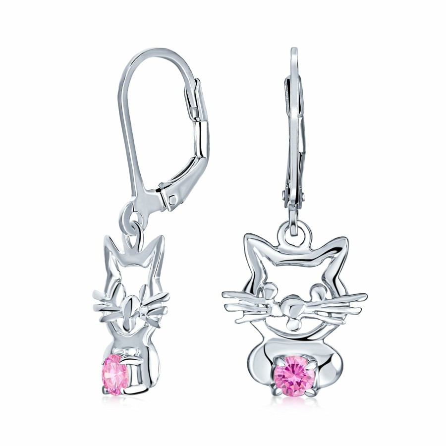 Shop Women Bling Jewelry Dangle Drop Earrings | Small Kitten Animal Pet Cz Accent Dangle Cat Stud Earrings .925 Silver