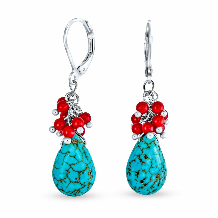 Shop Women Bling Jewelry Dangle Drop Earrings | Turquoise Teardrop Drop Bead Dangle Western Earrings Silver