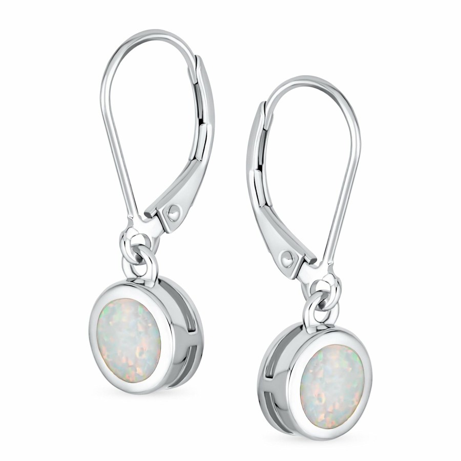 Shop Women Bling Jewelry Dangle Drop Earrings | Small White Opal Round Circle Dangle Lever Back Earrings .925 Silver