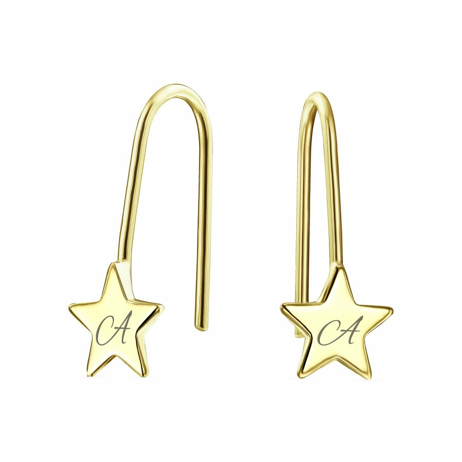 Shop Women Bling Jewelry Engravable Earrings | Script Initial Rock Star Threader Earrings Real 14K Yellow Gold