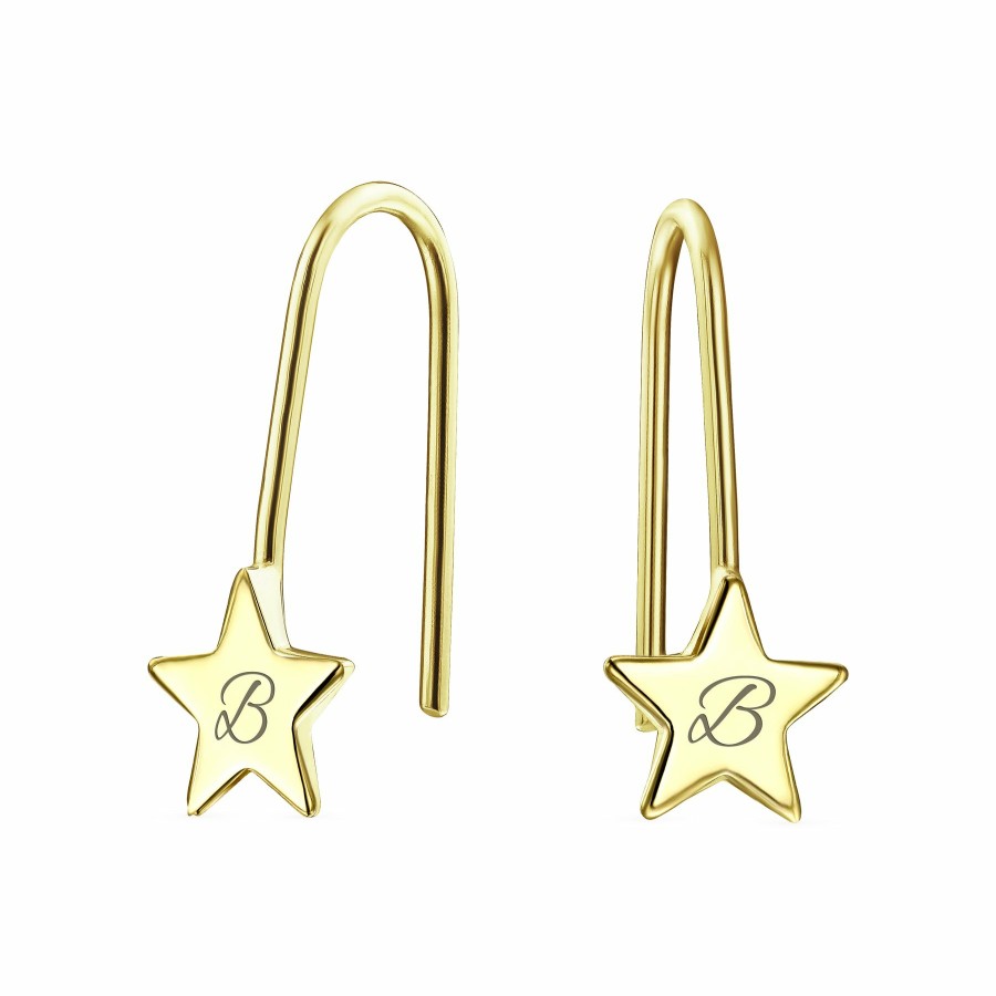 Shop Women Bling Jewelry Engravable Earrings | Script Initial Rock Star Threader Earrings Real 14K Yellow Gold