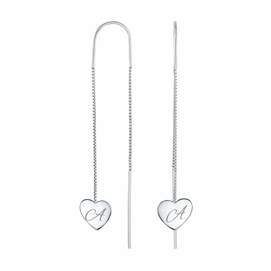 Shop Women Bling Jewelry Abc Initial | Script Initial Long Heart Chain Threader Earrings .925Sterling Silver