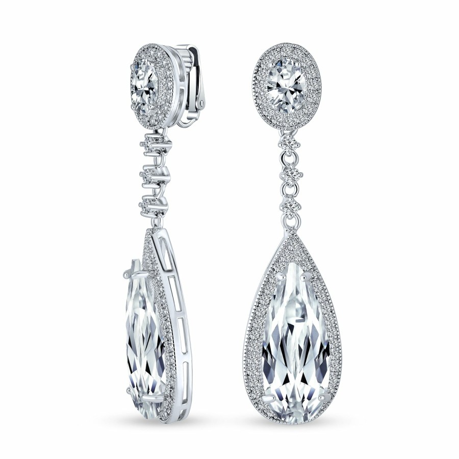 Shop Women Bling Jewelry Clip On Earrings | Teardrop Dangle Statement Cz Screw Clip On Earrings Silver Plated