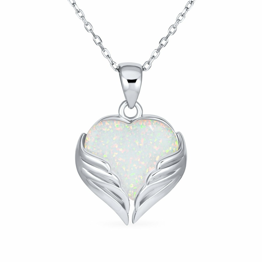 Shop Women Bling Jewelry Pendant Necklaces | Heart Shape White Opal Guardian Angel Wings Necklace Sterling Silver