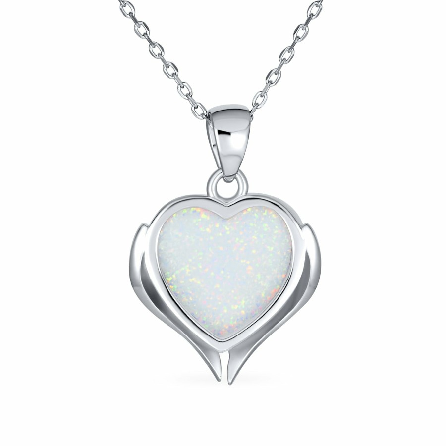 Shop Women Bling Jewelry Pendant Necklaces | Heart Shape White Opal Guardian Angel Wings Necklace Sterling Silver