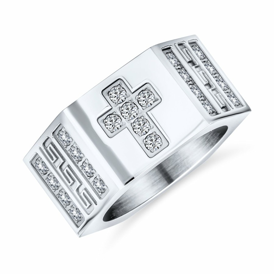 Shop Men Bling Jewelry Mens Rings | Men Greek Key Geometric Accent Cross Men'S Rectangle Signet Statement Band Ring