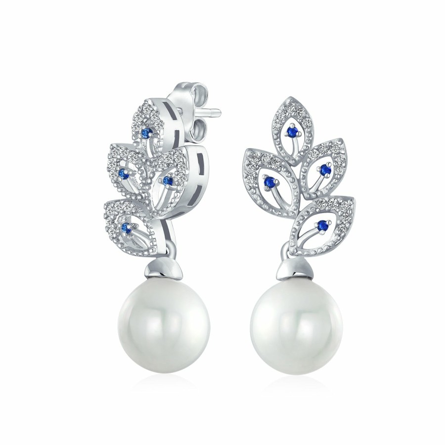 Shop Women Bling Jewelry Dangle Drop Earrings | Bridal Prom Pave Cz Leaf White Imitation Pearl Earrings Silver Plated