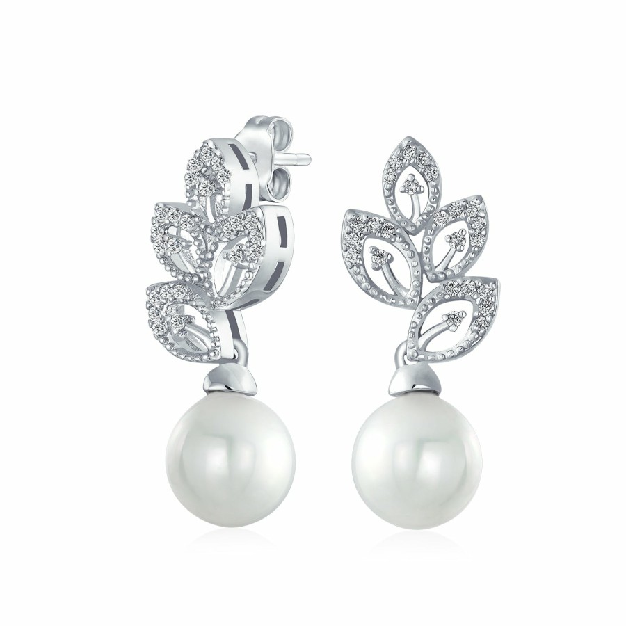 Shop Women Bling Jewelry Dangle Drop Earrings | Bridal Prom Pave Cz Leaf White Imitation Pearl Earrings Silver Plated