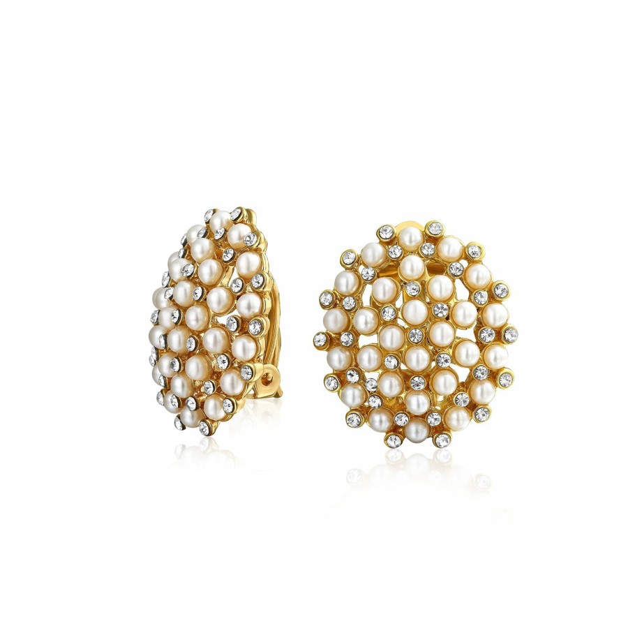 Shop Women Bling Jewelry Clip On Earrings | Crystal Round Dome White Caviar Clip On Earrings Silver Plated Gold-Tone