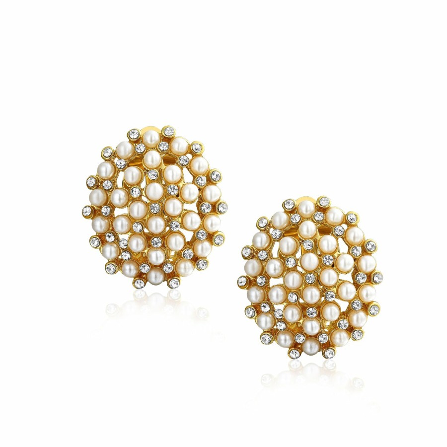 Shop Women Bling Jewelry Clip On Earrings | Crystal Round Dome White Caviar Clip On Earrings Silver Plated Gold-Tone