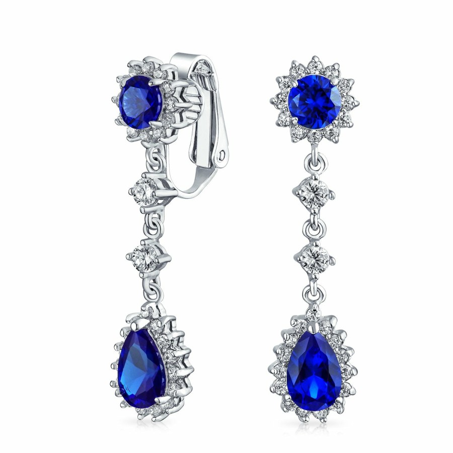 Shop Women Bling Jewelry Clip On Earrings | Bridal Oval Teardrop Aaa Cz Halo Clip On Dangling Chandelier Earrings