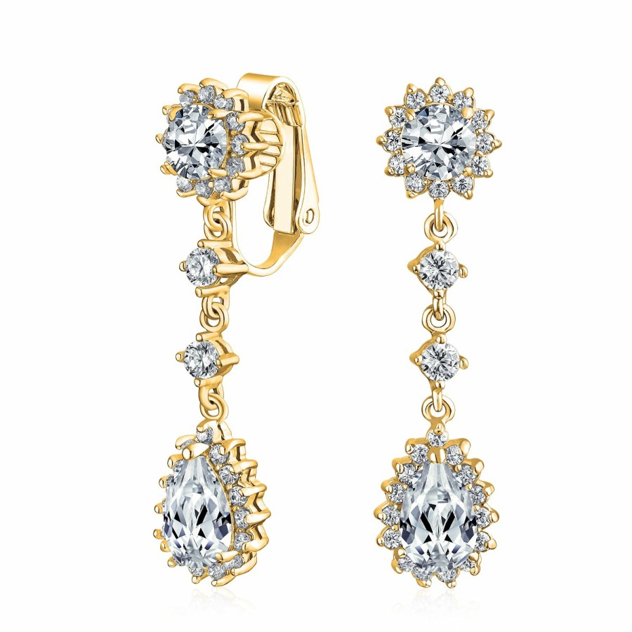 Shop Women Bling Jewelry Clip On Earrings | Bridal Oval Teardrop Aaa Cz Halo Clip On Dangling Chandelier Earrings