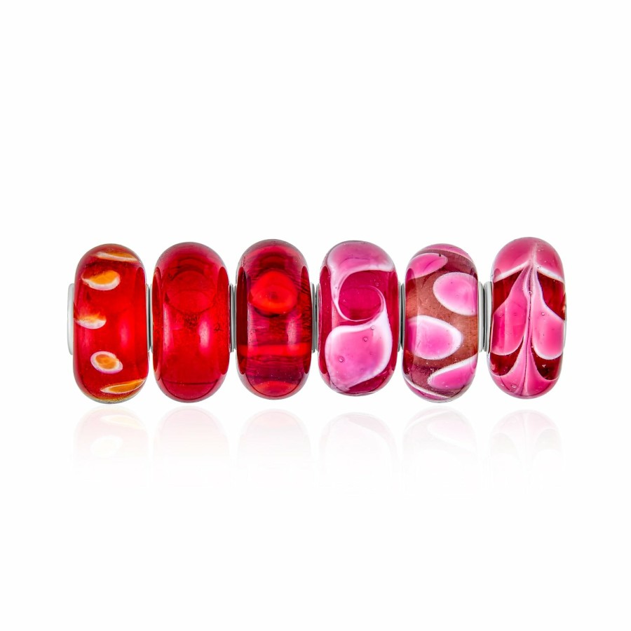 Shop Women Bling Jewelry Glass Crystal Beads | Orange Pink Red Murano Glass Bead Charm Bundle 6 Mixed Set .925 Silver