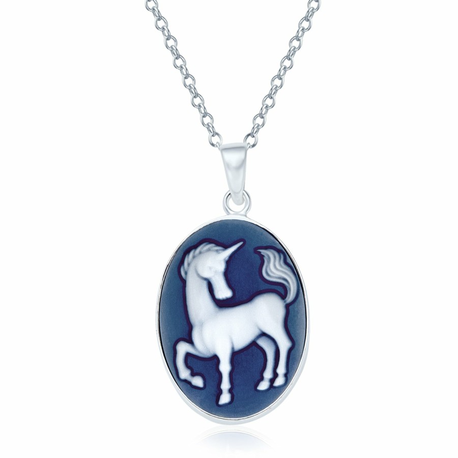 Shop Women Bling Jewelry Engravable Necklaces | Medallion Pegasus Blue Unicorn Cameo Pendant Necklace Sterling Silver