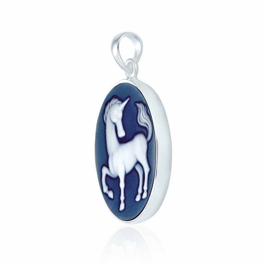 Shop Women Bling Jewelry Engravable Necklaces | Medallion Pegasus Blue Unicorn Cameo Pendant Necklace Sterling Silver