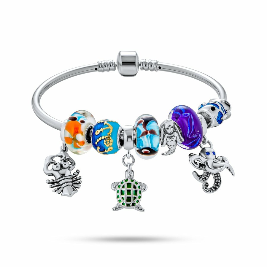 Shop Women Bling Jewelry Travel Charms Beads | Tropical Beach Honeymoon Mermaid Charms Bangle Bracelet Silver