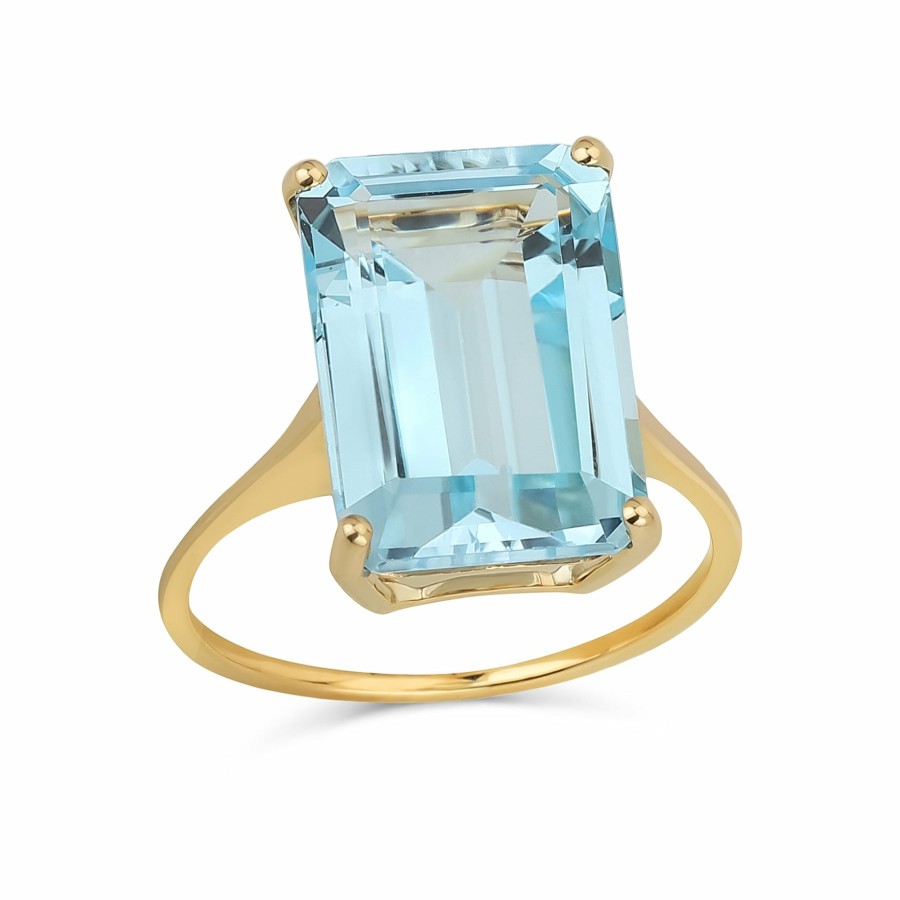 Shop Women Bling Jewelry Engravable Rings | Large 7Ctw 14K Gold Gemstone Sky Blue Topaz Emerald Cut Statement Ring