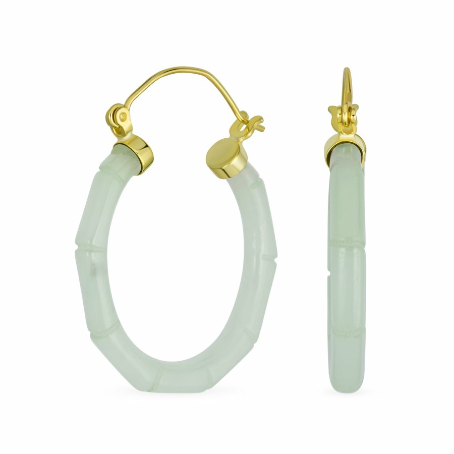 Shop Women Bling Jewelry Hoops Huggies Earrings | Jade Gemstone Jade Bamboo Hoop Earrings Sterling Silver 1.2" Dia