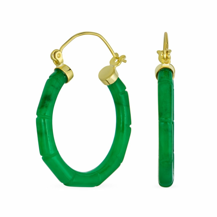 Shop Women Bling Jewelry Hoops Huggies Earrings | Jade Gemstone Jade Bamboo Hoop Earrings Sterling Silver 1.2" Dia