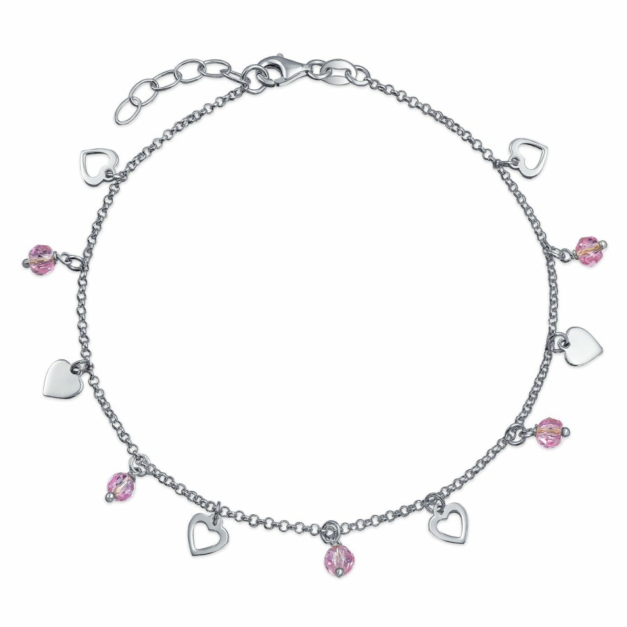 Shop Women Bling Jewelry Delicate Bracelets | Heart Crystal Pink Anklet Charms Anklet Sterling Silver 9 -10 In