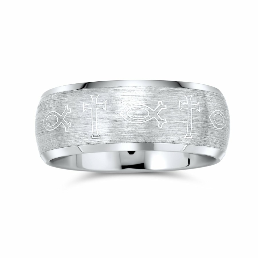 Shop Women Bling Jewelry Engravable Rings | Ichthys Jesus Fish Cross Wedding Band Titanium Ring For Men Matte 8Mm Silver