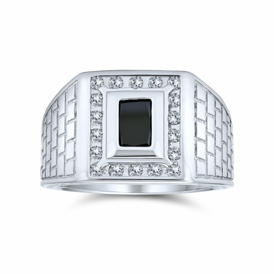 Shop Men Bling Jewelry Mens Engravable Rings | 2Ct Emerald Cut Cz Halo Mens Engagement Ring Imitation Onyx