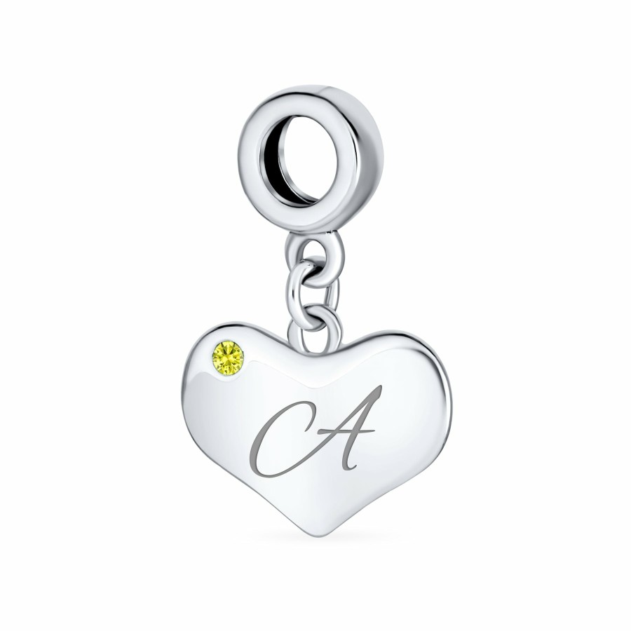 Shop Women Bling Jewelry Birthstone Beads | Script Yellow Topaz Crystal Accent Heart Dangle Bead Charm .925 Silver