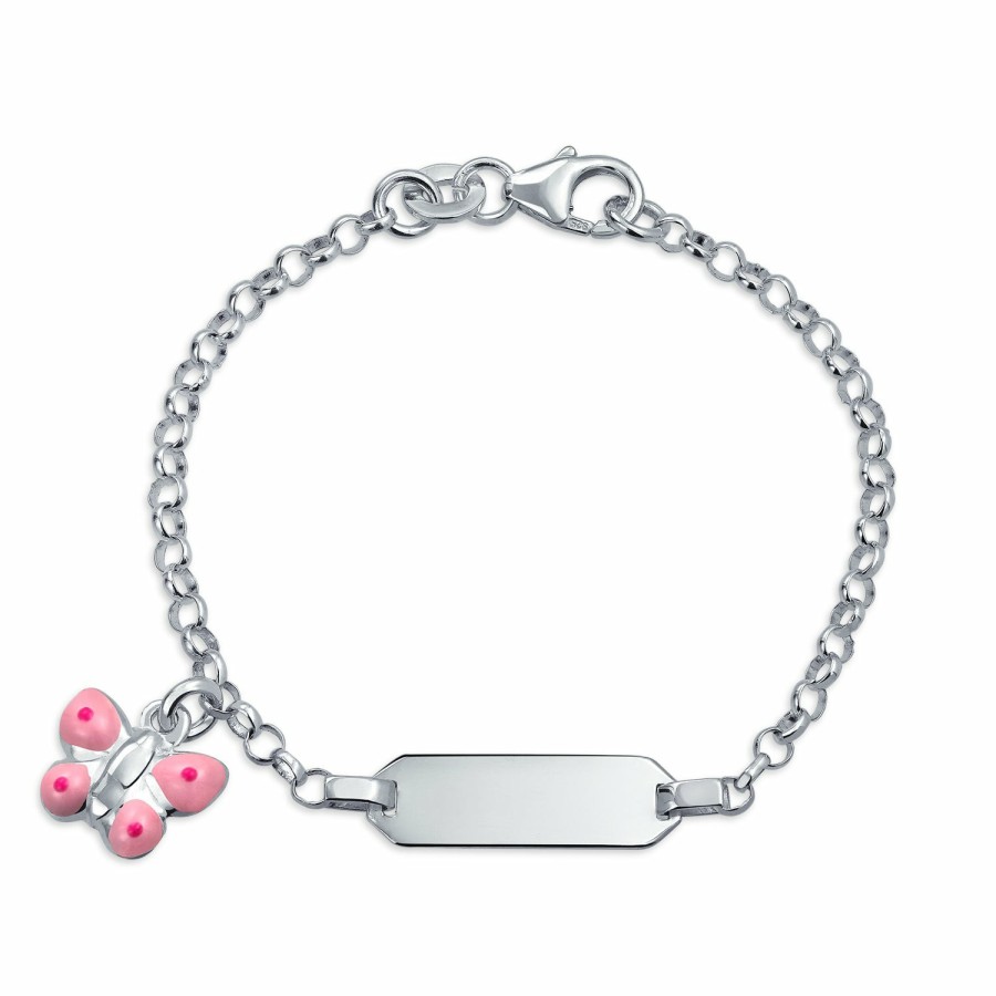 Shop Women Bling Jewelry Engravable Bracelets | Id Tag Bracelet Butterfly Charm Dangle Sterling Pink For Wrists Silver