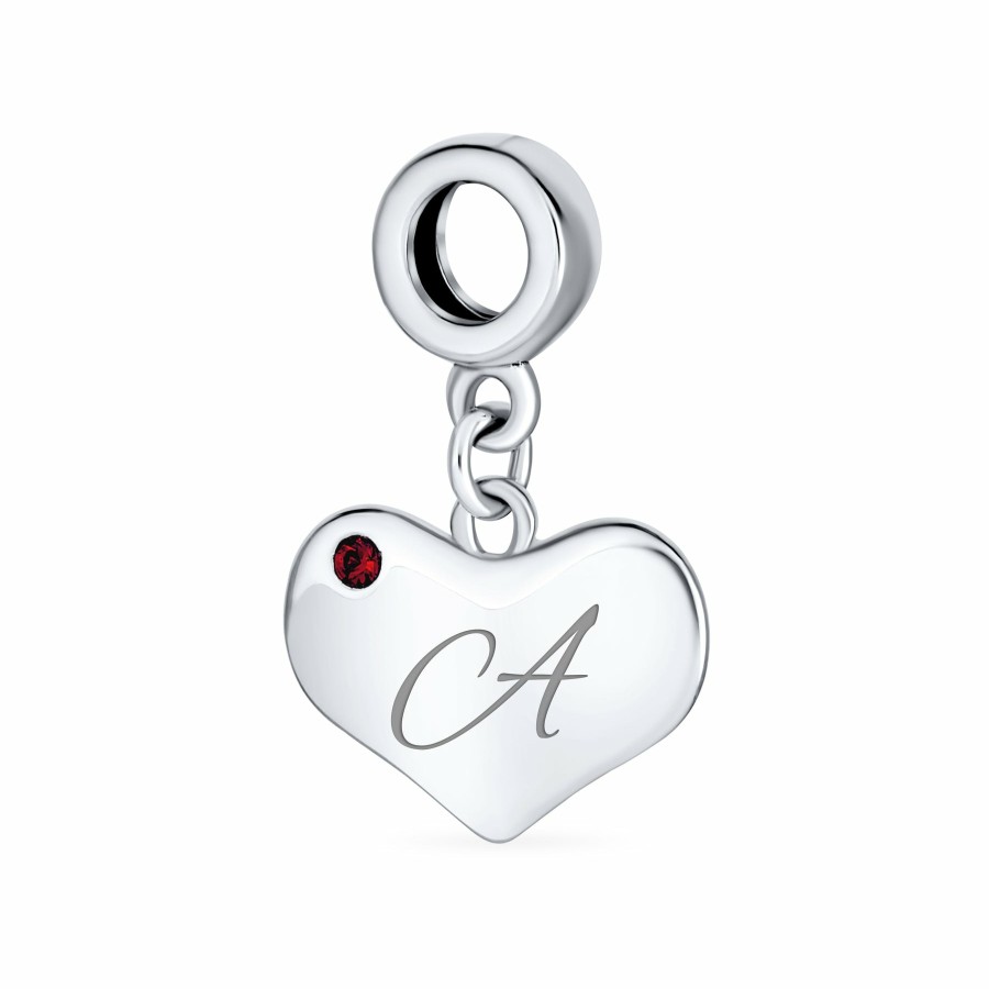 Shop Women Bling Jewelry Birthstone Beads | Script Ruby Red Crystal Accent Heart Dangle Bead Charm .925 Silver