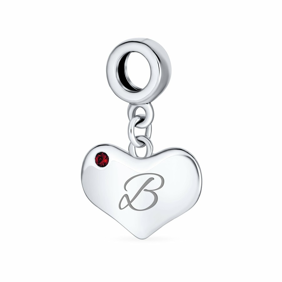 Shop Women Bling Jewelry Birthstone Beads | Script Ruby Red Crystal Accent Heart Dangle Bead Charm .925 Silver