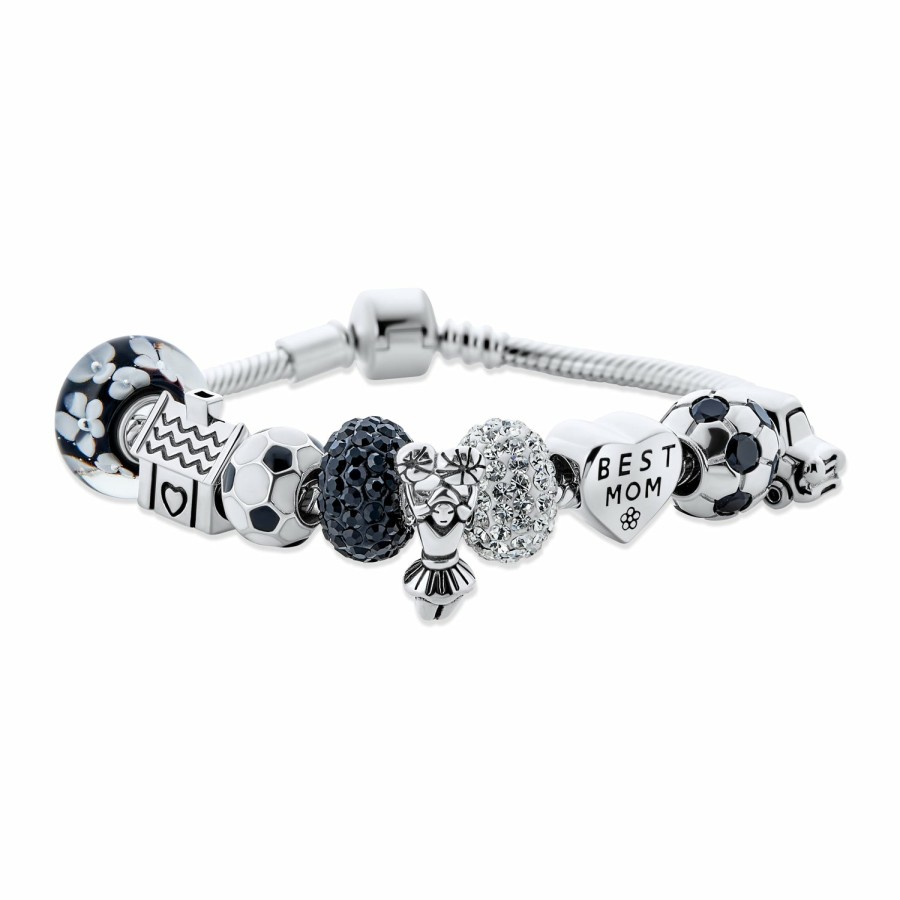 Shop Women Bling Jewelry Charm Bracelets | Soccer Mom Sports Team Black Bead Charm Bracelet .925 Sterling Silver