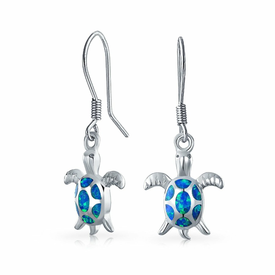 Shop Women Bling Jewelry Dangle Drop Earrings | Oval Created Opal Turtle Dangle Drop Earrings .925 Sterling Silver